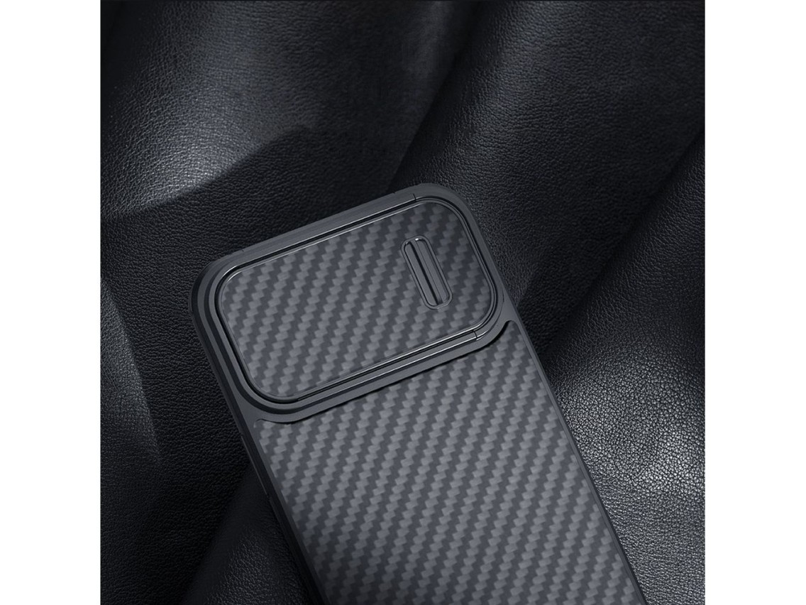 Funda Nillkin Synthetic Fiber S para iPhone 14 con tapa para la cámara, color negro.