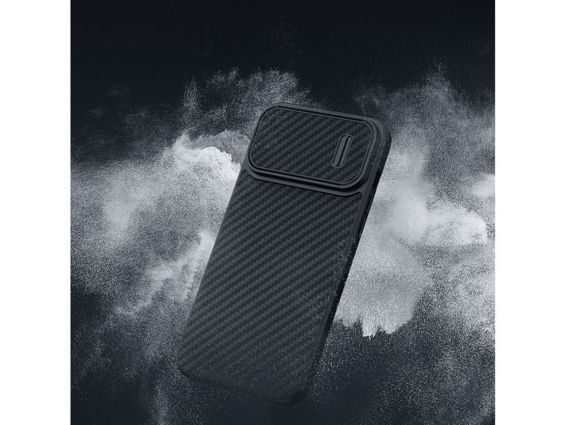 Funda Nillkin Synthetic Fiber S para iPhone 14 con tapa para la cámara, color negro.