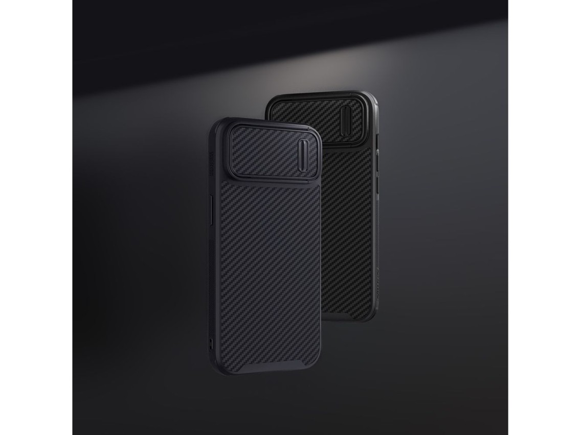 Capa Nillkin de fibra sintética S para iPhone 14 Pro Max com protetor de câmera, preta.