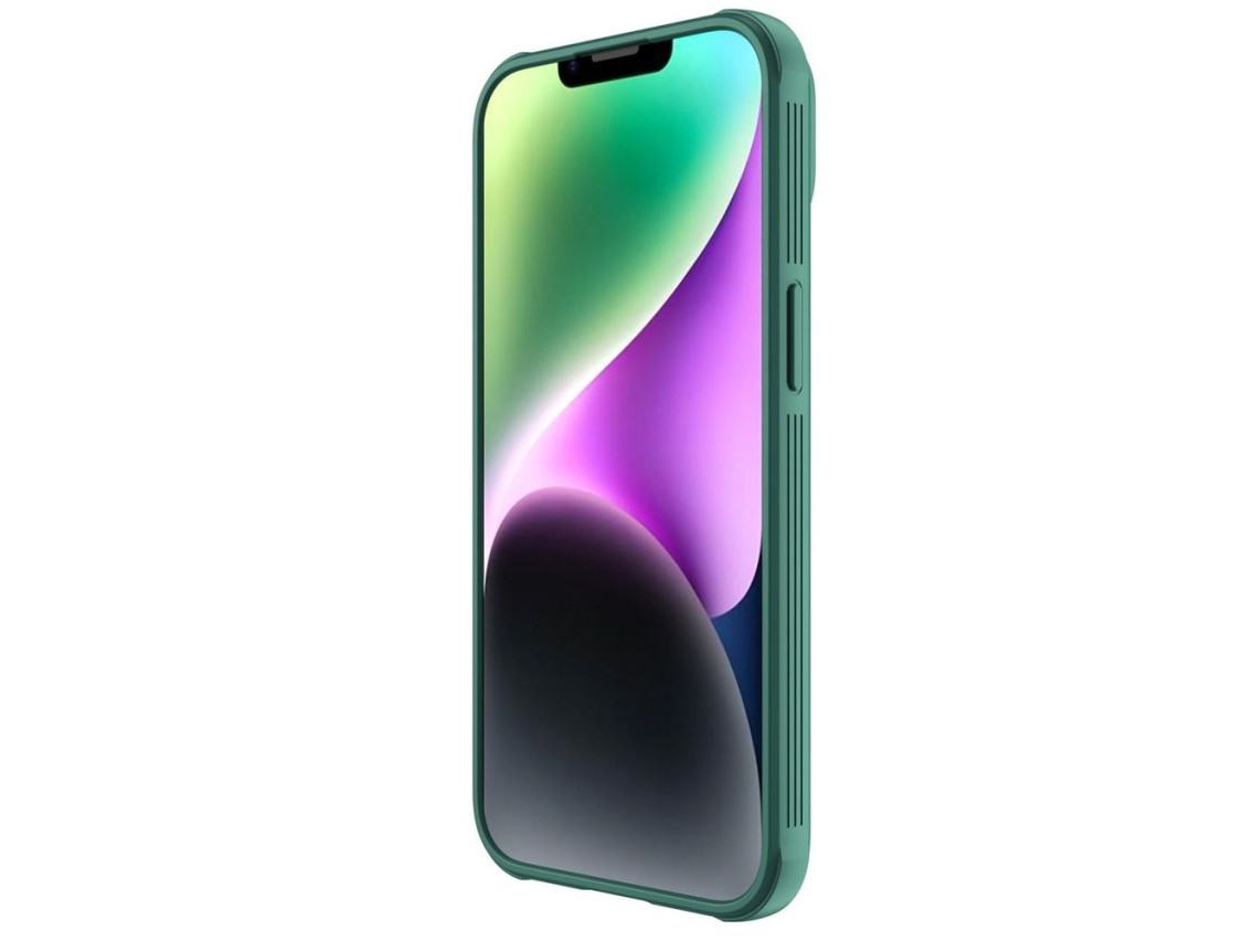 Capa Nillkin CamShield Pro para iPhone 14 Plus, com proteção reforçada para a câmera, na cor verde.