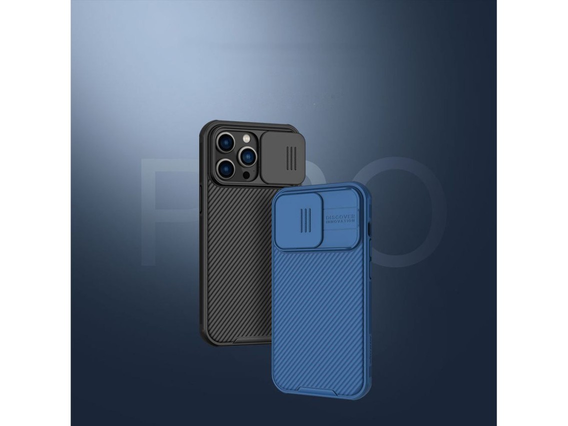 Capa Nillkin CamShield Pro para iPhone 14 Pro Max, com proteção reforçada para a câmera, azul.