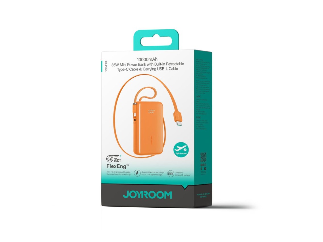 Joyroom JR-PR2 35W 10000mAh Powerbank with Built-in USB-C and Lightning Cables - Orange