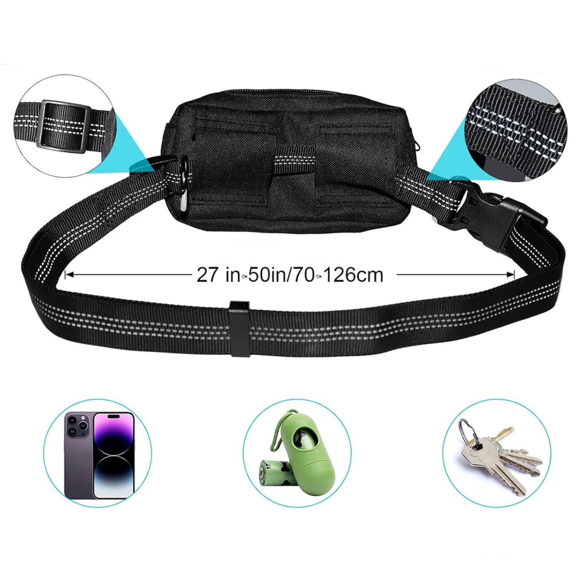 Cinturón Wozinsky WPST-01 con bolsillo y correa elástica para correr con perro - Negro