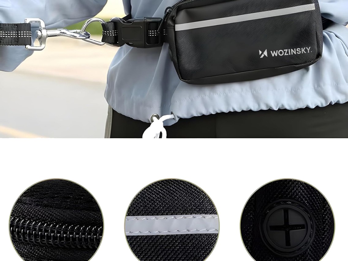 Cinturón Wozinsky WPST-01 con bolsillo y correa elástica para correr con perro - Negro