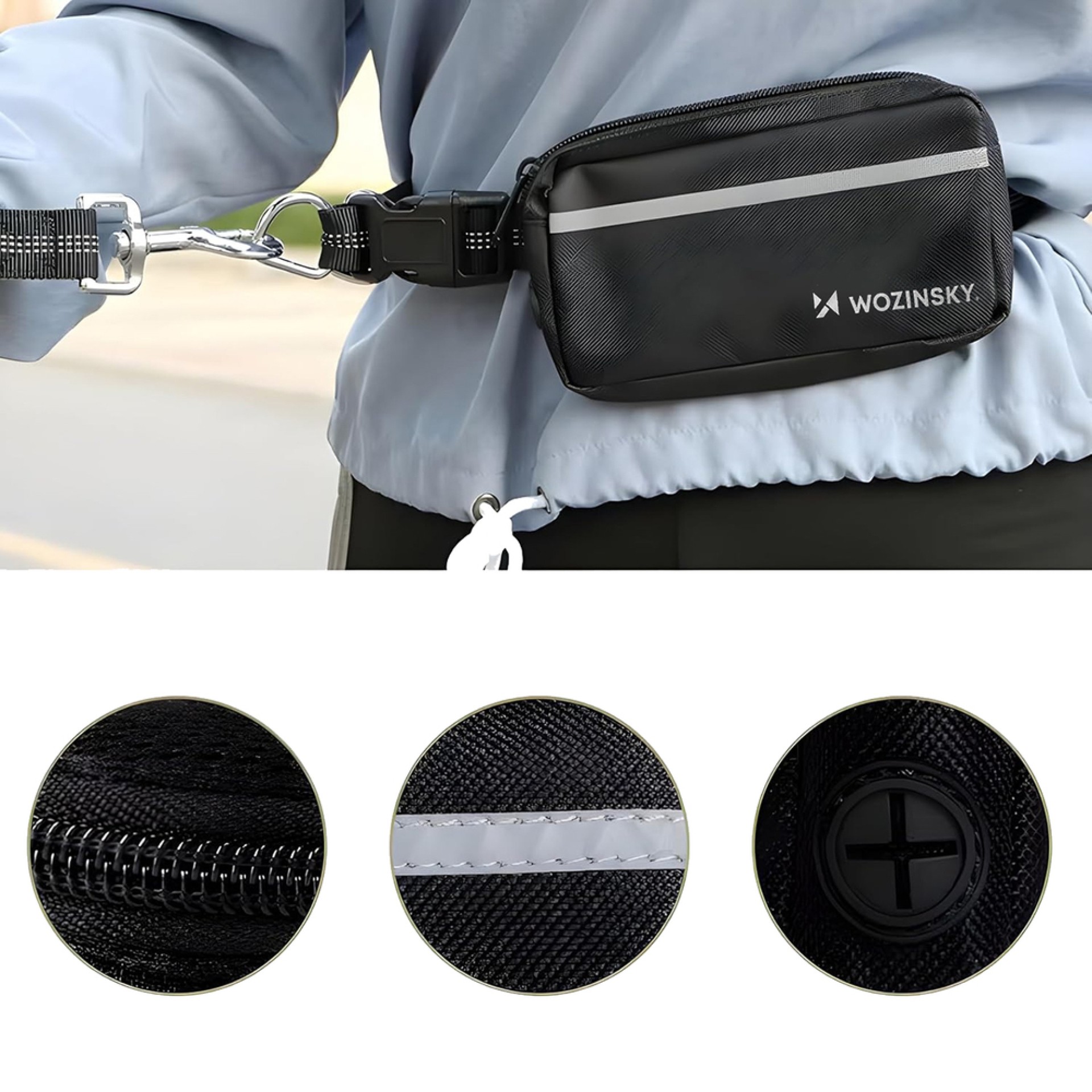 Cinturón Wozinsky WPST-01 con bolsillo y correa elástica para correr con perro - Negro
