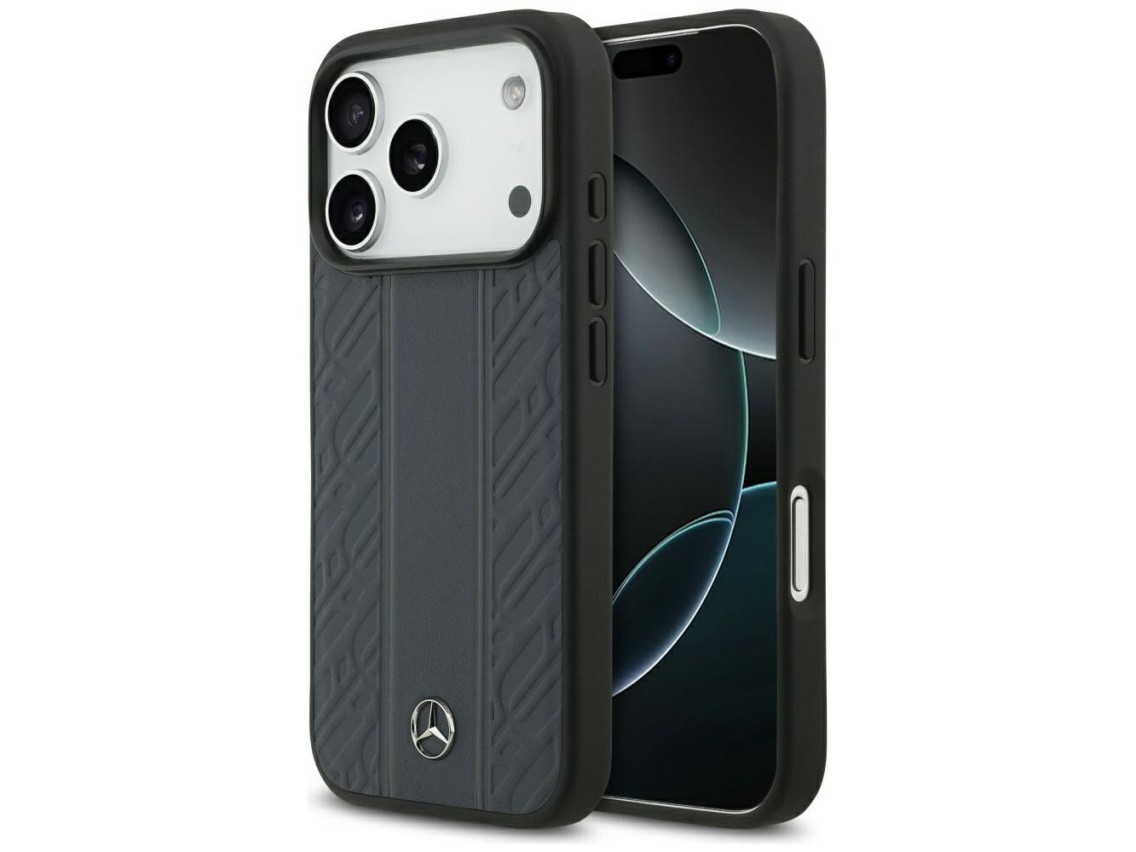 Funda Mercedes de piel con estampado de hojas de laurel y rayas MagSafe para iPhone 17 Pro - Azul