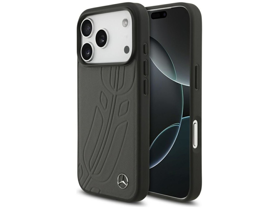 Mercedes Leather Large Laurel Leave MagSafe Case for iPhone 17 Pro - Black and Gray