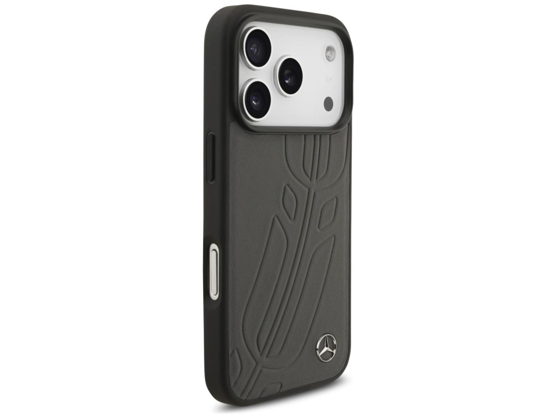 Capa MagSafe Mercedes em couro com estampa de folhas de louro para iPhone 17 Pro - Preta e Cinza