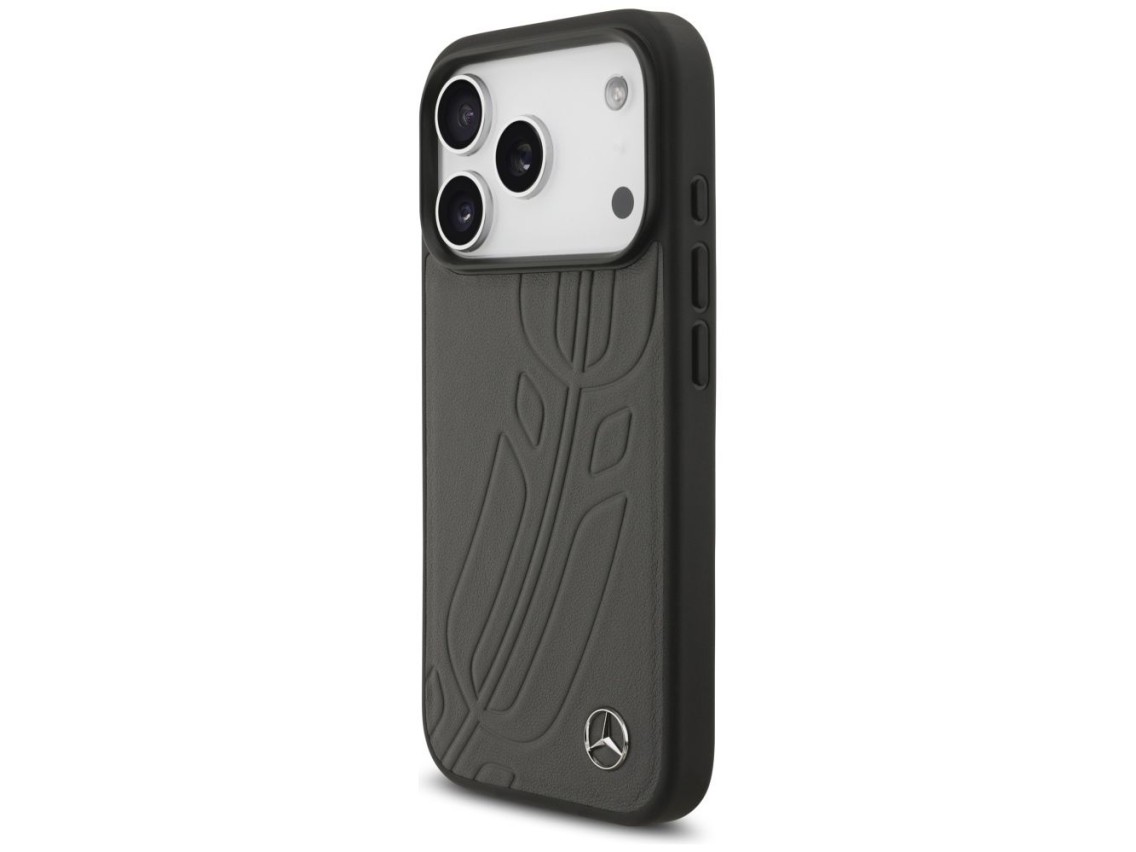 Capa MagSafe Mercedes em couro com estampa de folhas de louro para iPhone 17 Pro - Preta e Cinza