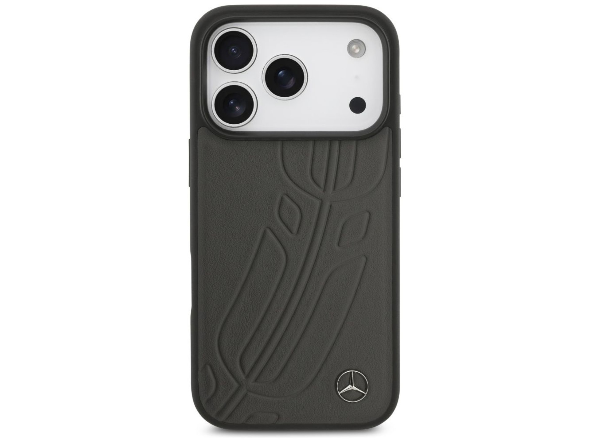 Capa MagSafe Mercedes em couro com estampa de folhas de louro para iPhone 17 Pro - Preta e Cinza