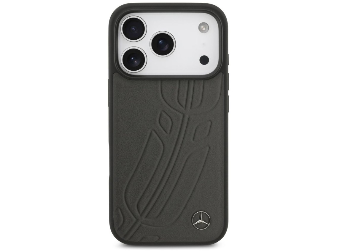 Capa MagSafe Mercedes em couro com estampa de folhas de louro para iPhone 17 Pro - Preta e Cinza