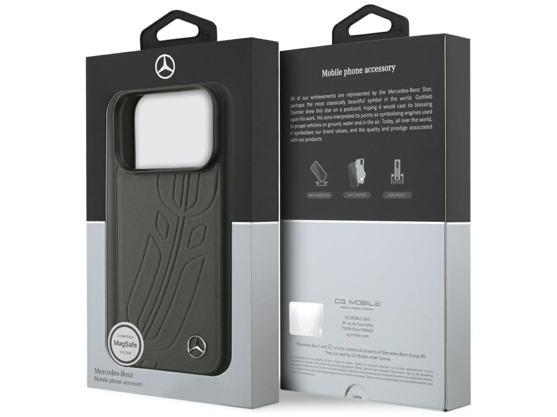 Capa MagSafe Mercedes em couro com estampa de folhas de louro para iPhone 17 Pro - Preta e Cinza