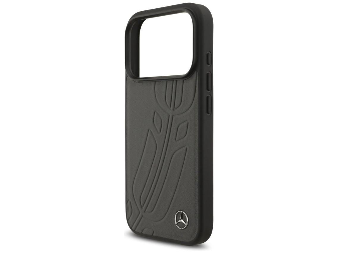 Capa MagSafe Mercedes em couro com estampa de folhas de louro para iPhone 17 Pro - Preta e Cinza