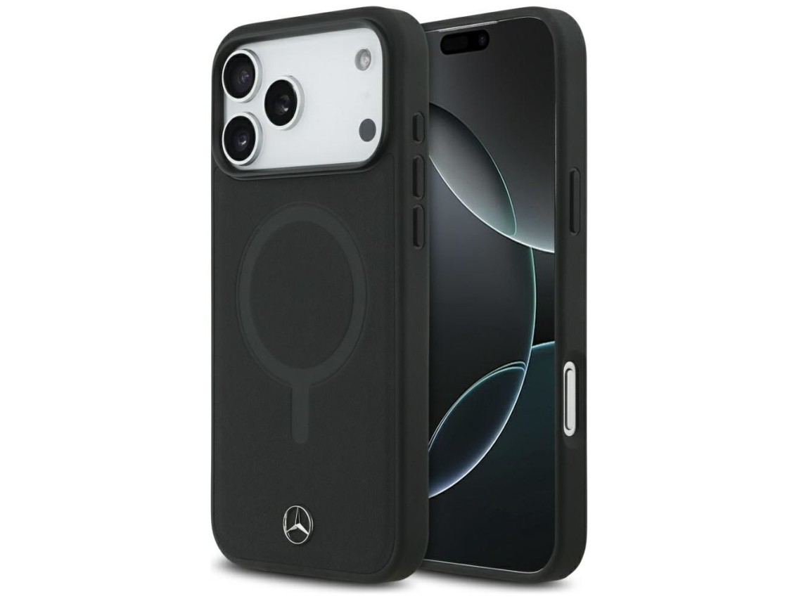 Capa MagSafe Mercedes em couro liso para iPhone 17 Pro Max - Preta