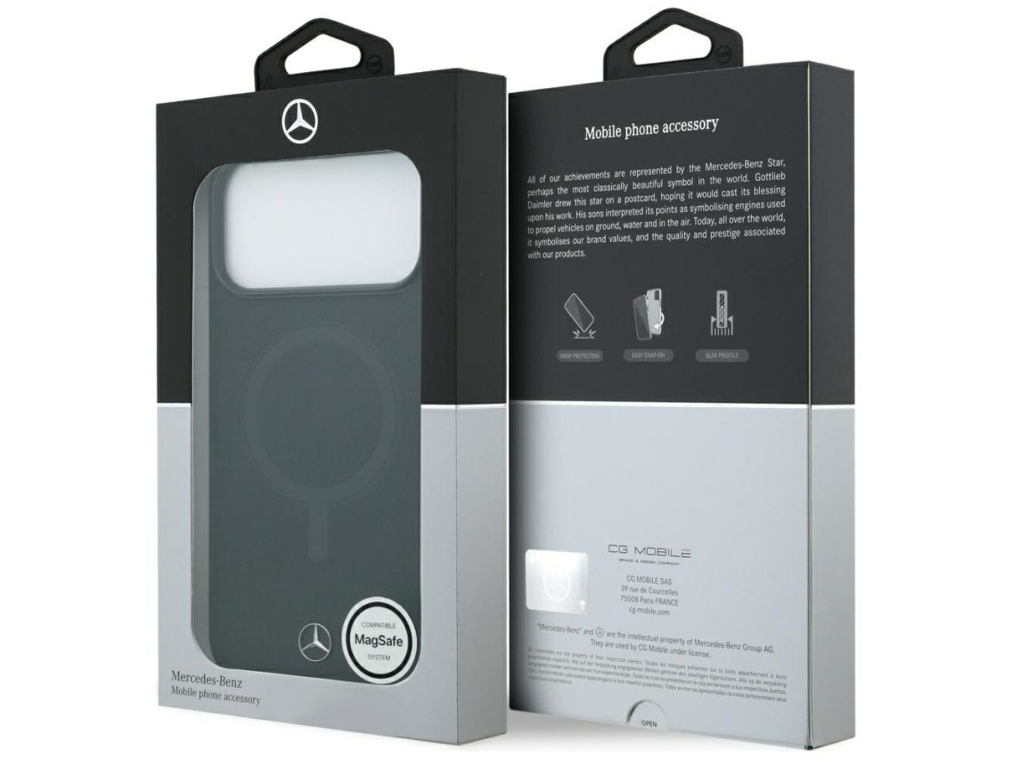 Capa MagSafe Mercedes em couro liso para iPhone 17 Pro Max - Preta