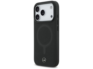 Capa MagSafe Mercedes em couro liso para iPhone 17 Pro - Preta Capa MagSafe Mercedes em couro liso para iPhone 17 Pro - Preta