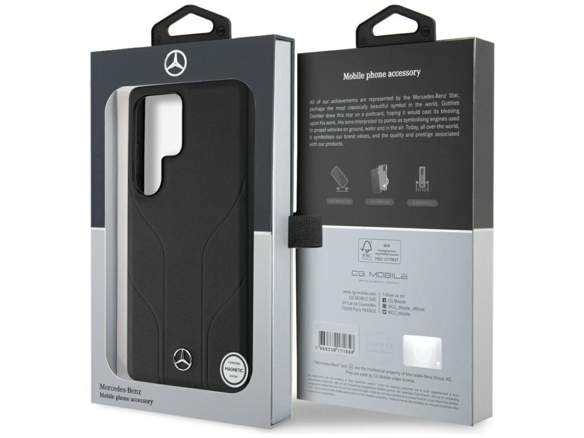 Capa MagSafe em couro com linhas em relevo da Mercedes para Samsung Galaxy S25 Ultra - preta