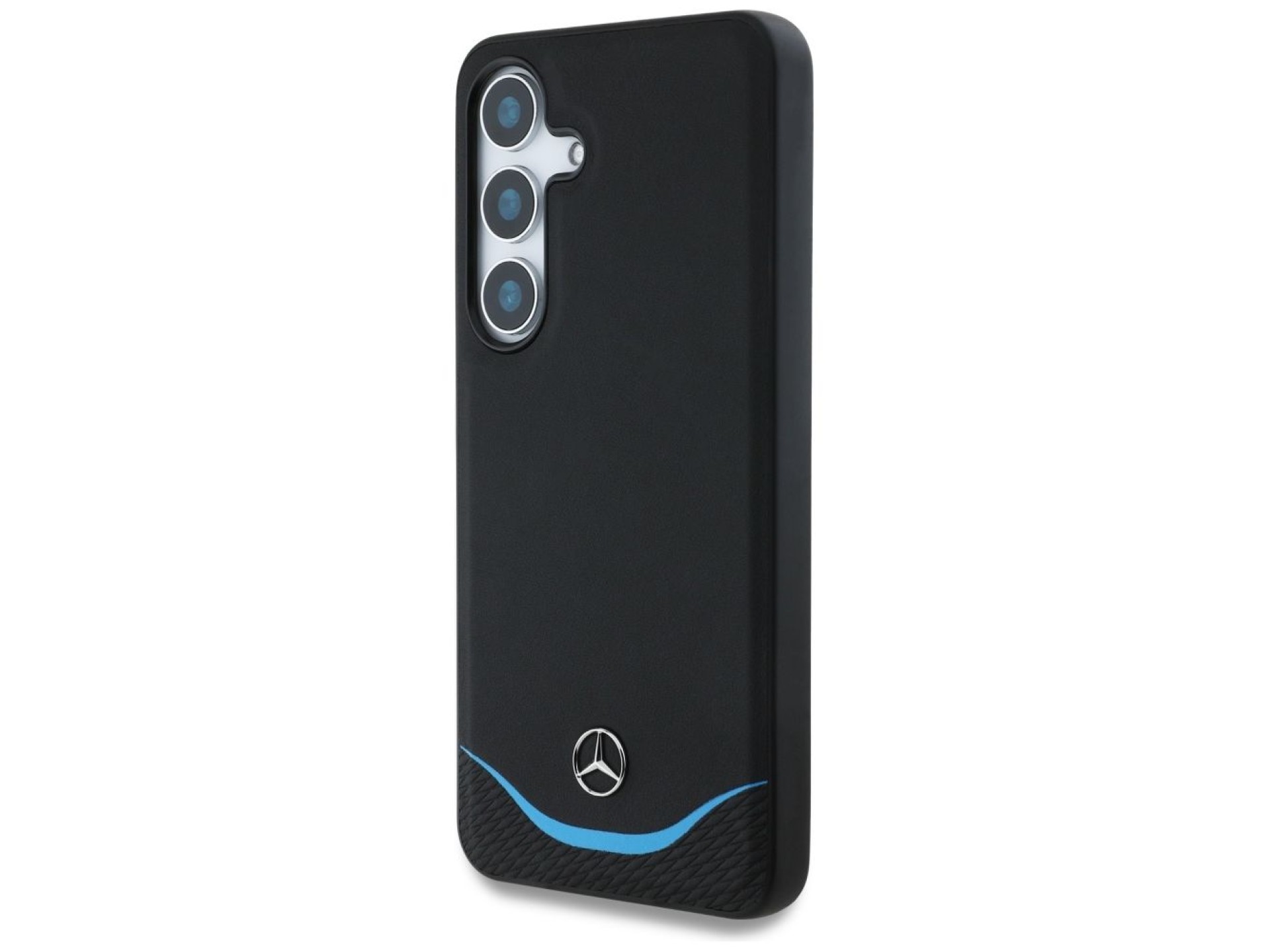 Capa MagSafe Mercedes em couro azul contrastante com curva horizontal para Samsung Galaxy S25 - Pret
