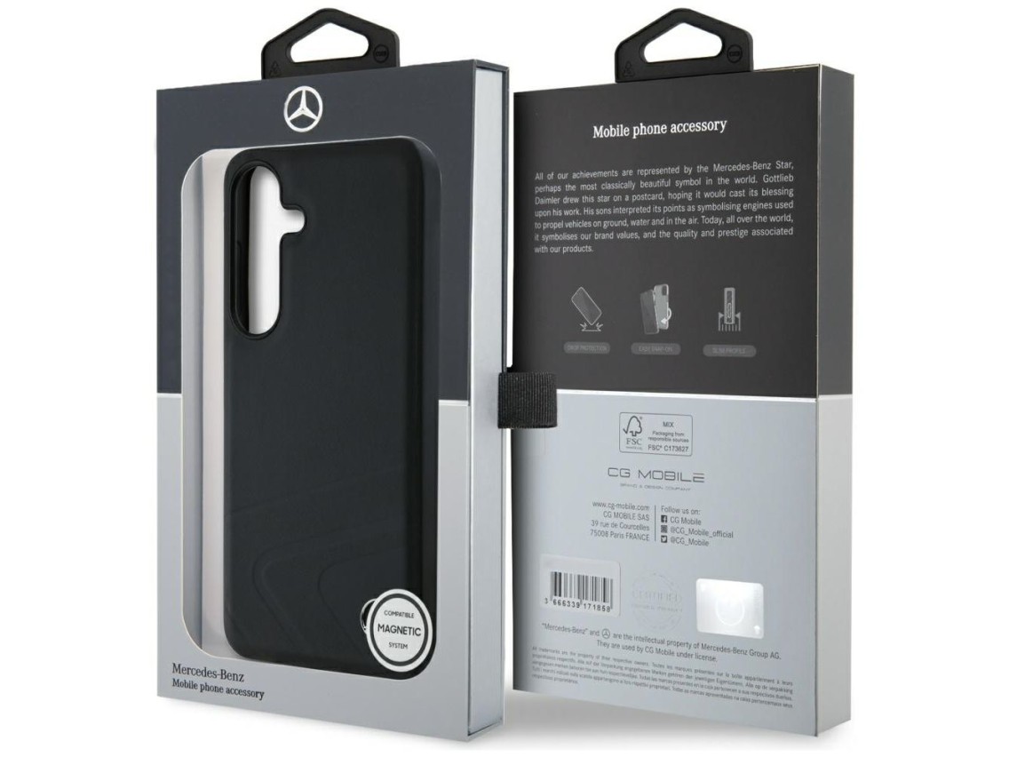 Mercedes Leather Horizontal Debossed Curves MagSafe Case for Samsung Galaxy S25 - Black