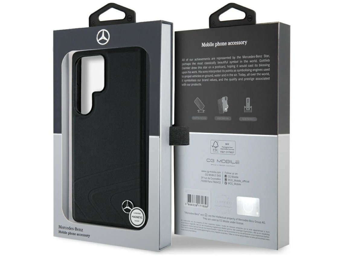 Capa MagSafe em couro Mercedes com curvas horizontais em relevo para Samsung Galaxy S25 Ultra - Pret