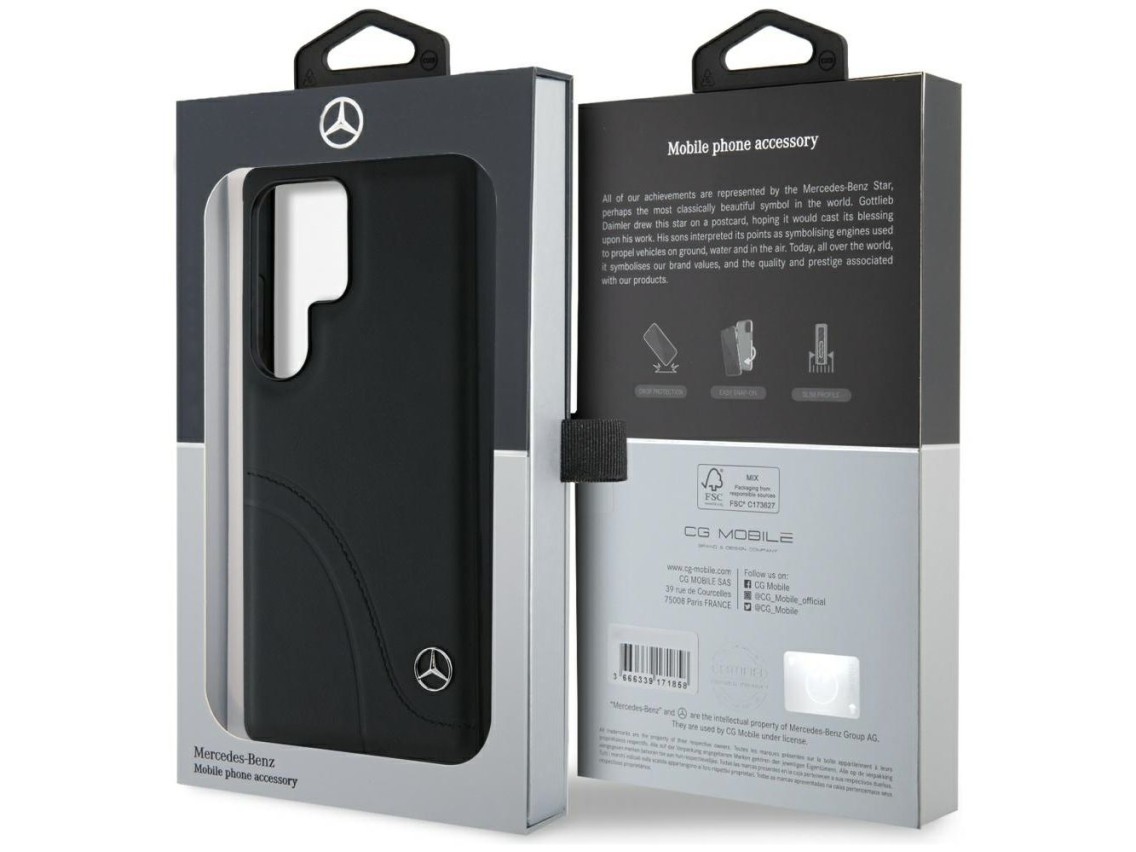 Capa Mercedes em couro com costuras curvas para Samsung Galaxy S25 Ultra - Preta
