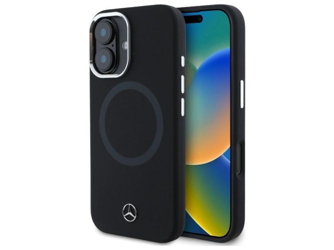 Mercedes MEHMP16S23SUTTK iPhone 16 6.1" negro/negro funda rígida de silicona con logotipo tonal MagS