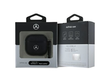 Funda para AirPods 4 Mercedes MEA4CSLBK, color negro/negro, de cuero y con logo metálico. Funda para AirPods 4 Mercedes MEA4CSLBK, color negro/negro, de cuero y con logo metálico.