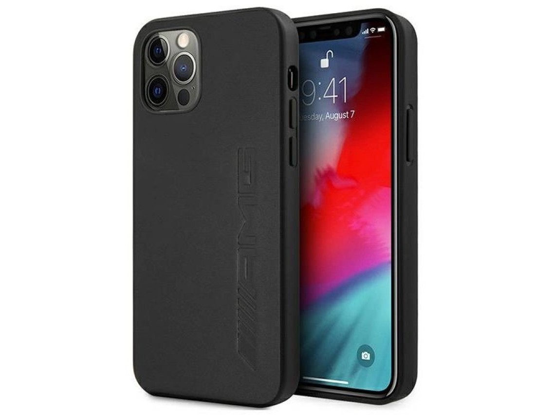 Funda de cuero AMG con estampado en caliente para iPhone 12 Pro Max - Negra