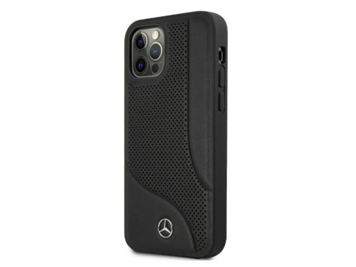 Capa Mercedes em couro perfurado para iPhone 12 Pro Max - Preta