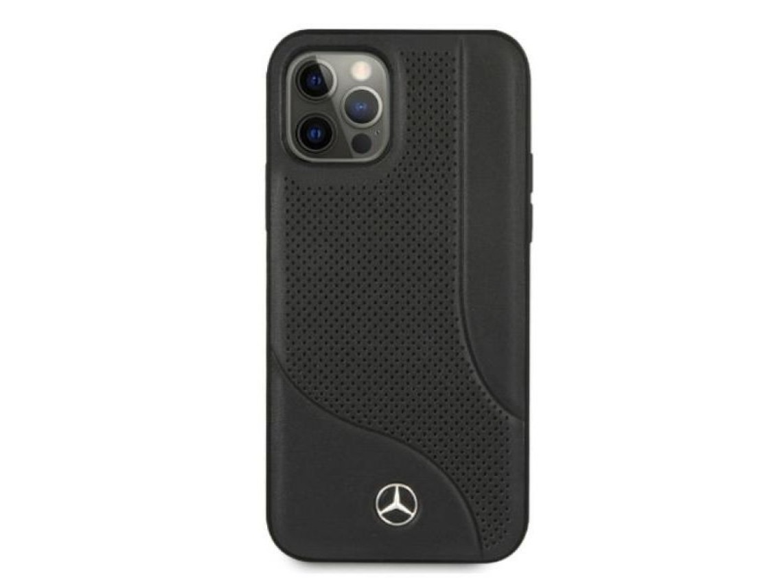 Capa Mercedes em couro perfurado para iPhone 12 Pro Max - Preta