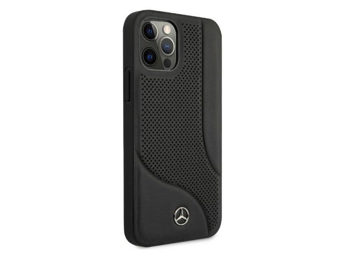 Capa Mercedes em couro perfurado para iPhone 12 Pro Max - Preta