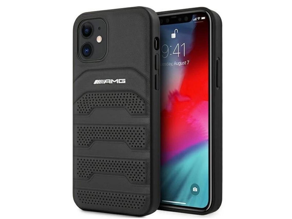Capa AMG em couro com linhas em relevo para iPhone 12 mini - preta