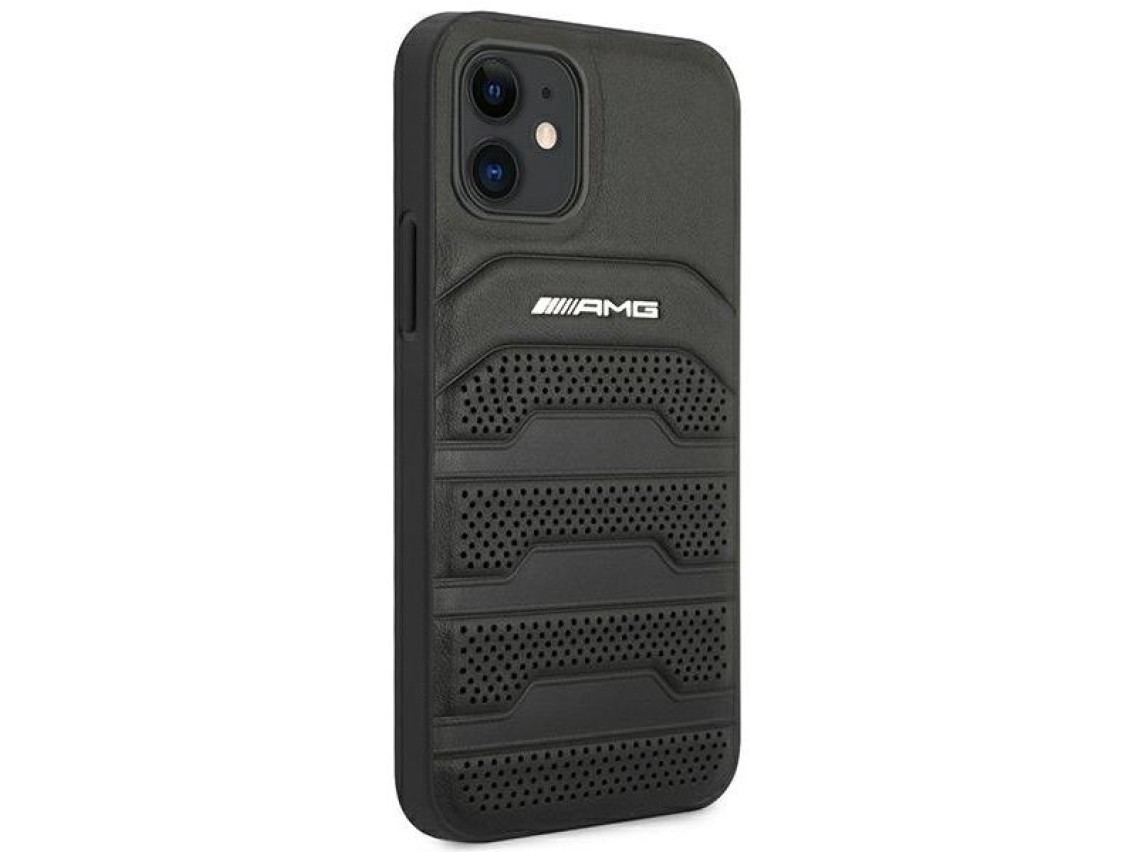 Capa AMG em couro com linhas em relevo para iPhone 12 mini - preta