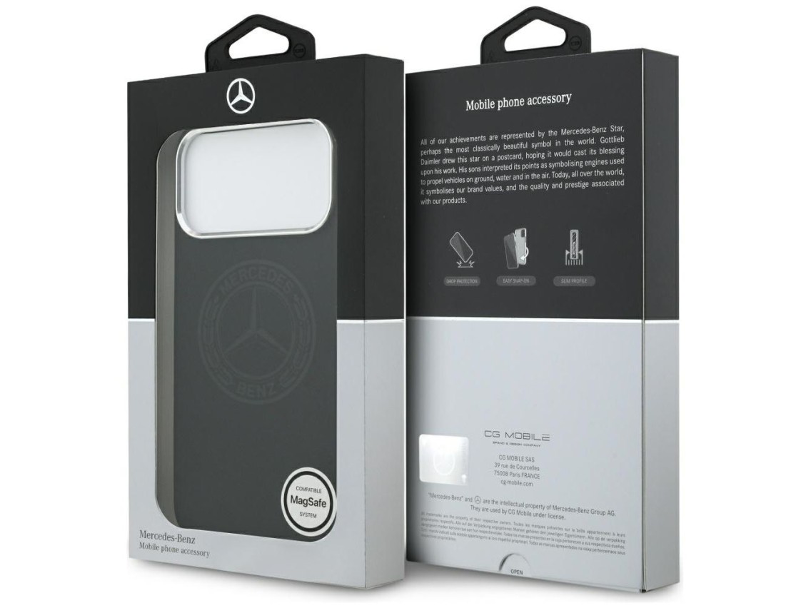 Funda MagSafe de silicona con logo vintage de Mercedes para iPhone 17 Pro Max - Negra