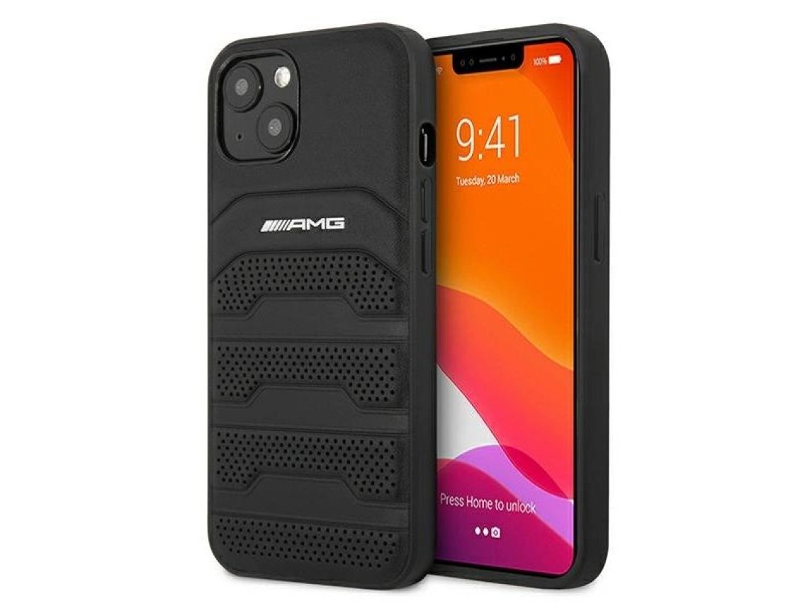 Funda AMG de cuero con líneas grabadas para iPhone 13 mini - negra