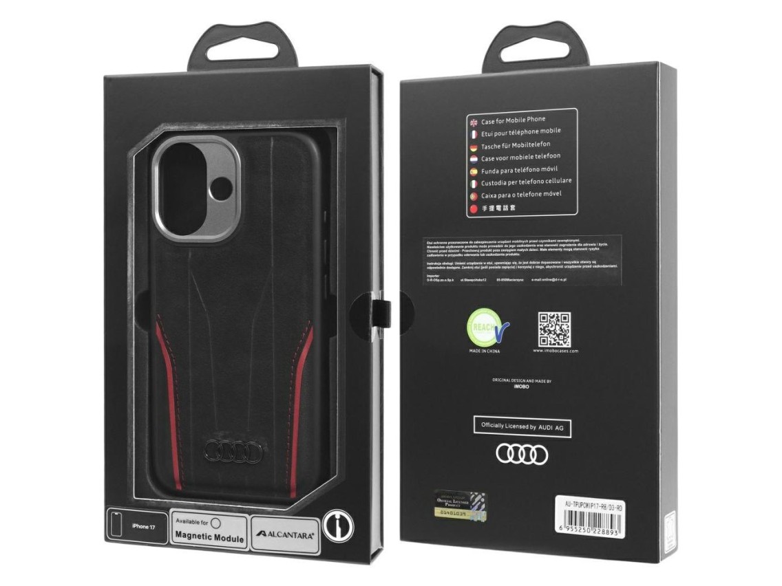 Capa MagSafe em couro genu�no Audi R8 para iPhone 17 - Preta e Vermelha