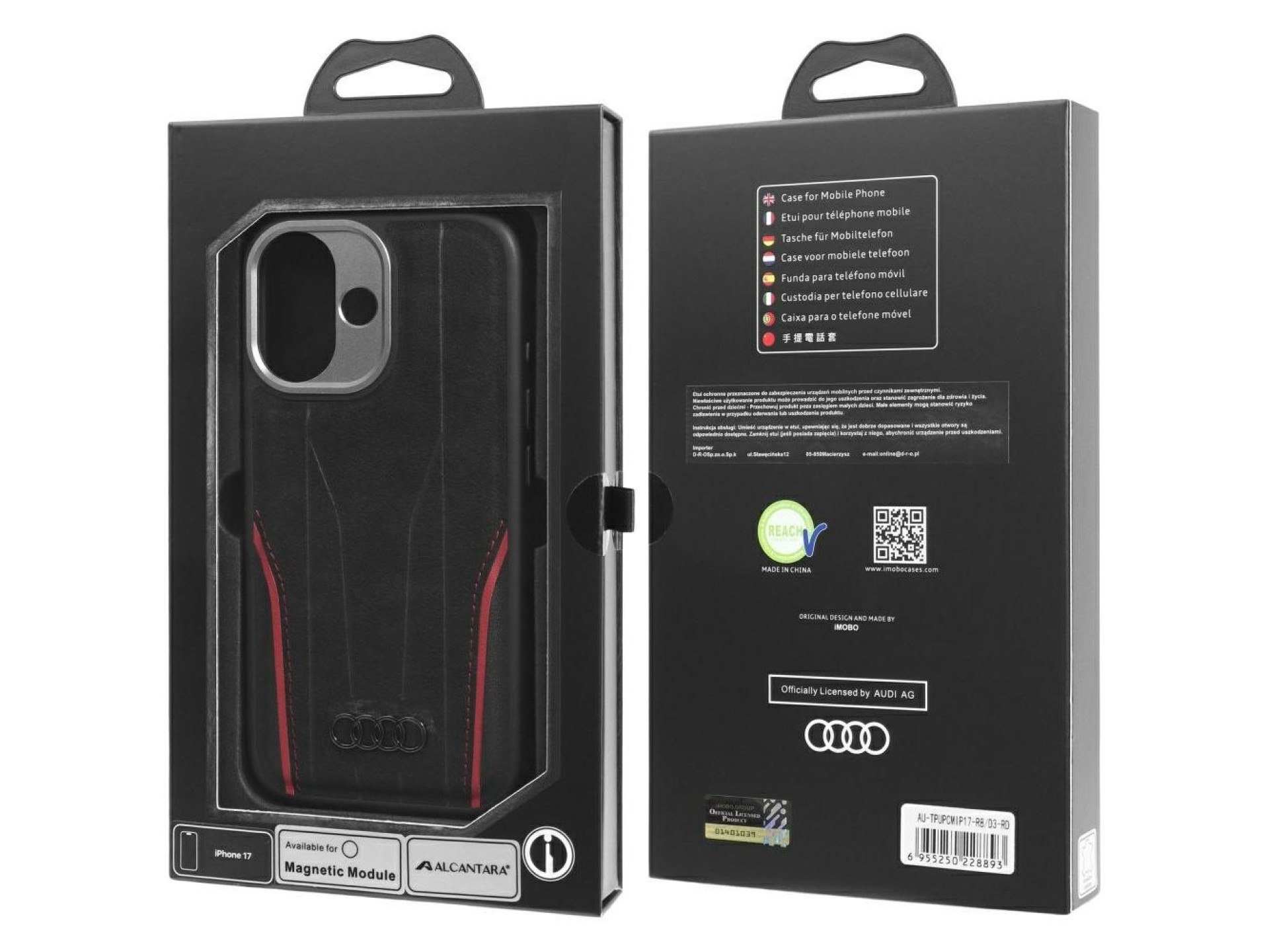 Capa MagSafe em couro genuíno Audi R8 para iPhone 17 - Preta e Vermelha