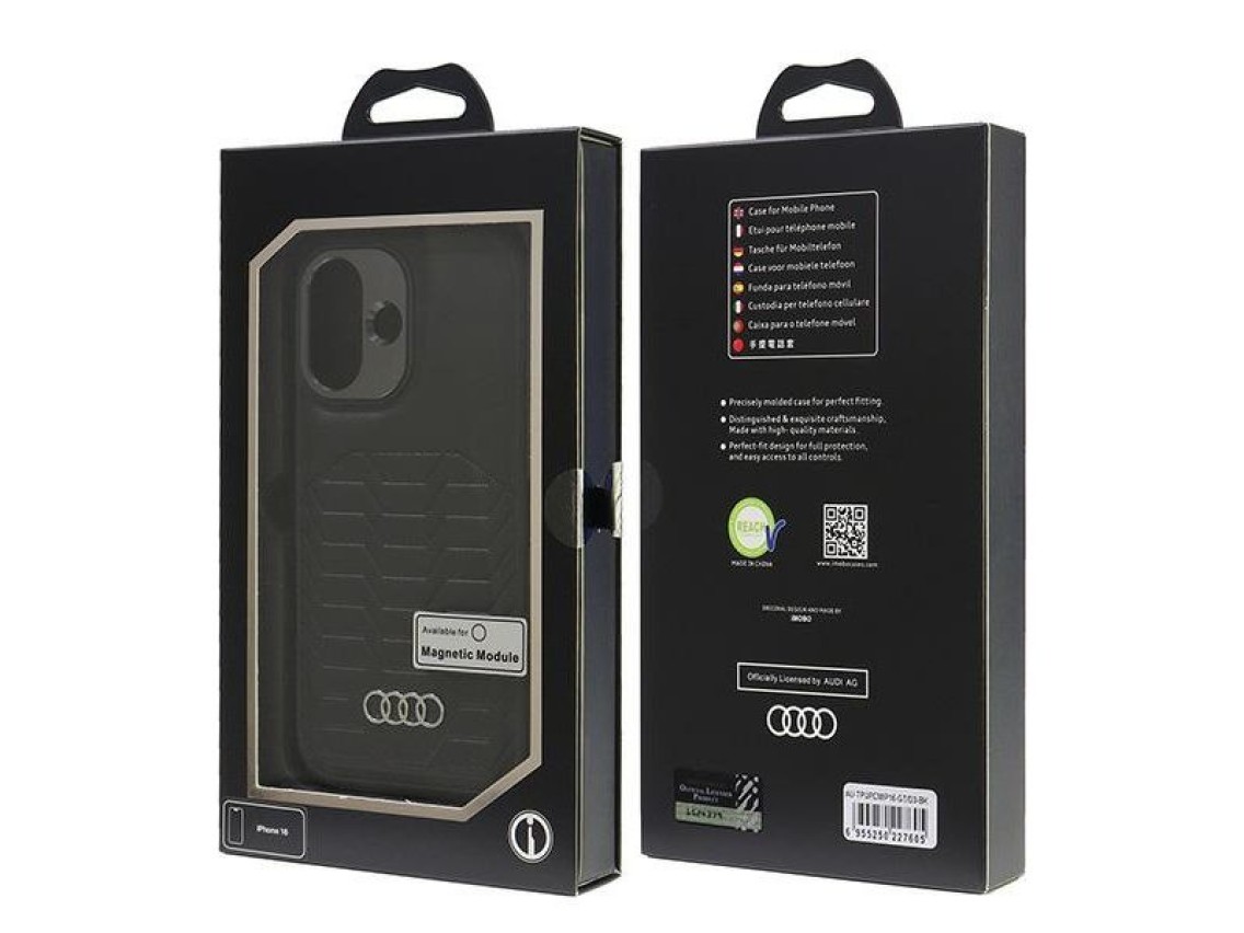 Capa rígida Audi MagSafe para iPhone 16 6.1" em couro sintético preto/preto AU-TPUPCMIP16-GT/D3-BK