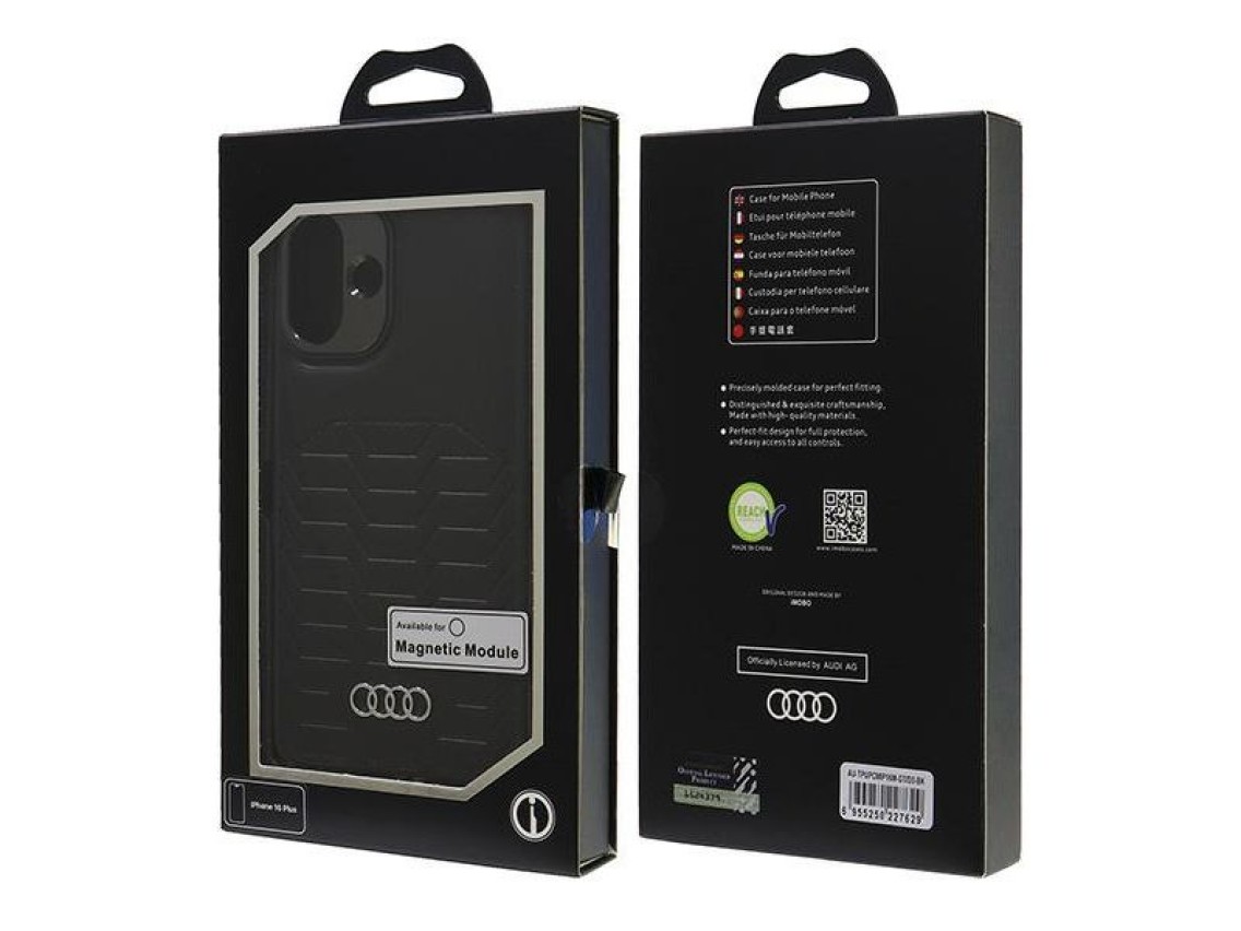 Funda rígida Audi de piel sintética MagSafe para iPhone 16 Plus de 6,7" negra/negra AU-TPUPCMIP16M-G