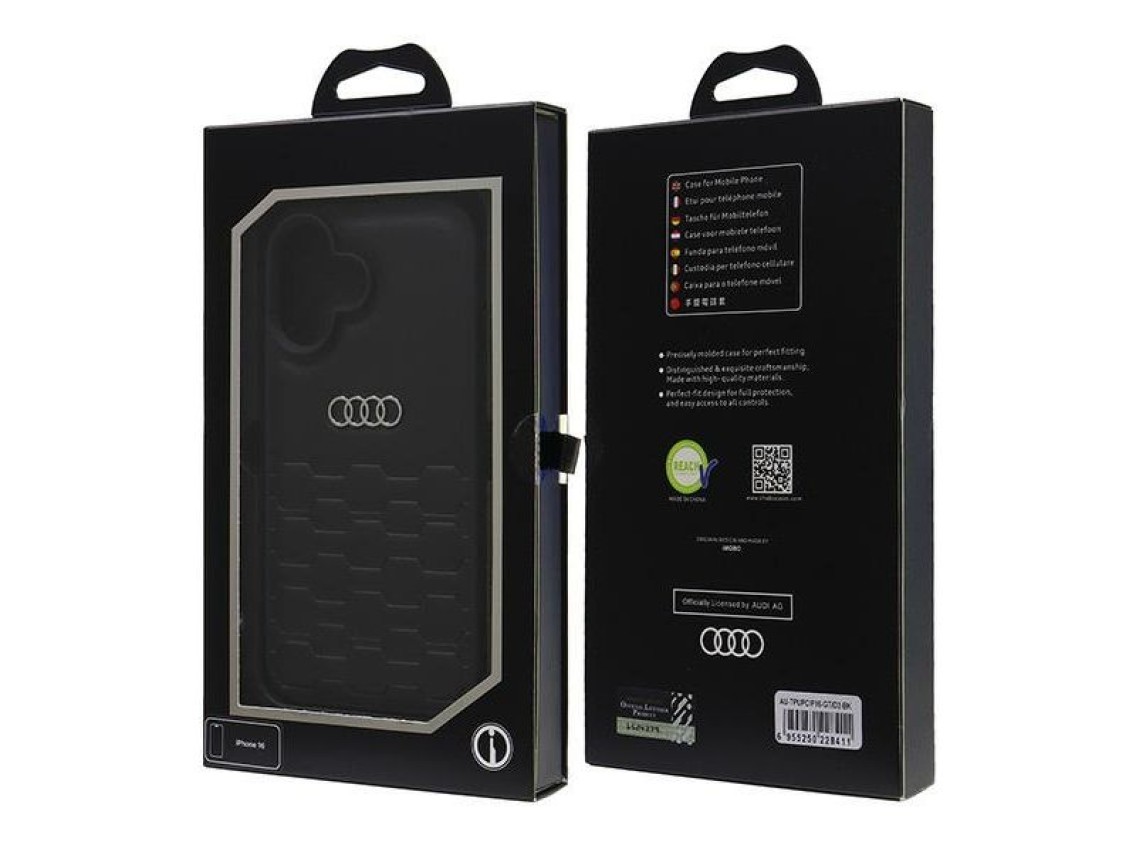 Capa rígida Audi em couro sintético para iPhone 16 de 6,1" preta/preta AU-TPUPCIP16-GT/D2-BK