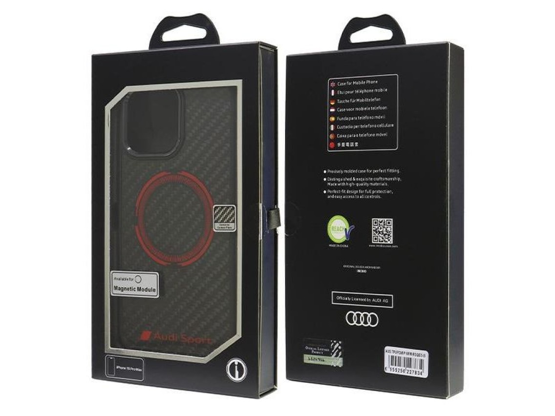 Audi Carbon Fiber Sport Red Circle MagSafe Case for iPhone 16 Pro Max 6.9" - Black