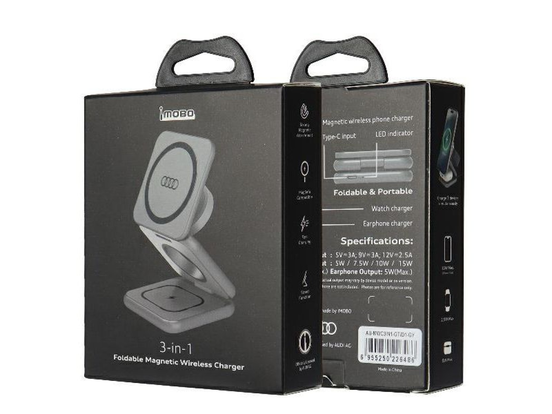 Cargador inductivo plegable Audi Big Logo 3 en 1 - gris