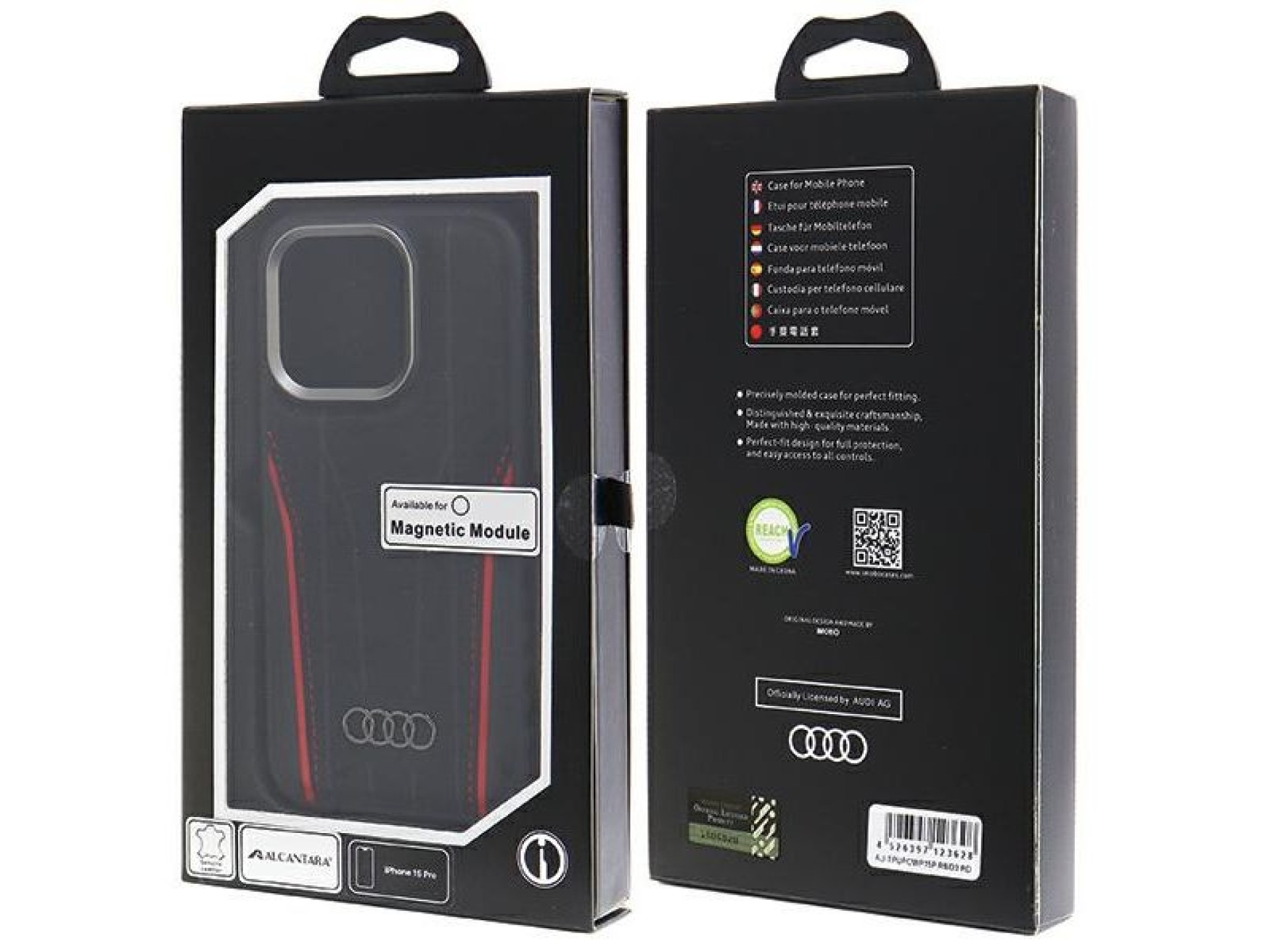 Audi Genuine Leather case with MagSafe for iPhone 15 Pro - black and red