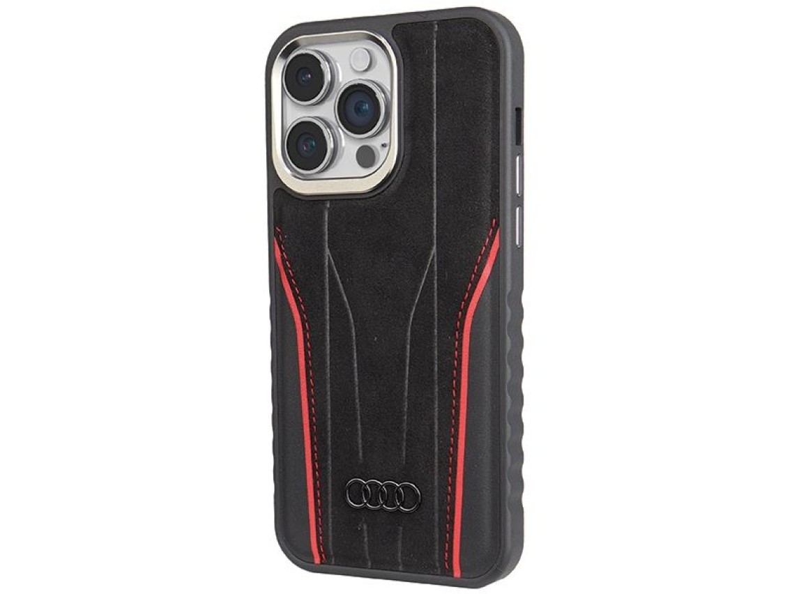 Capa Audi em couro genu�no com MagSafe para iPhone 14 Pro - preta e vermelha