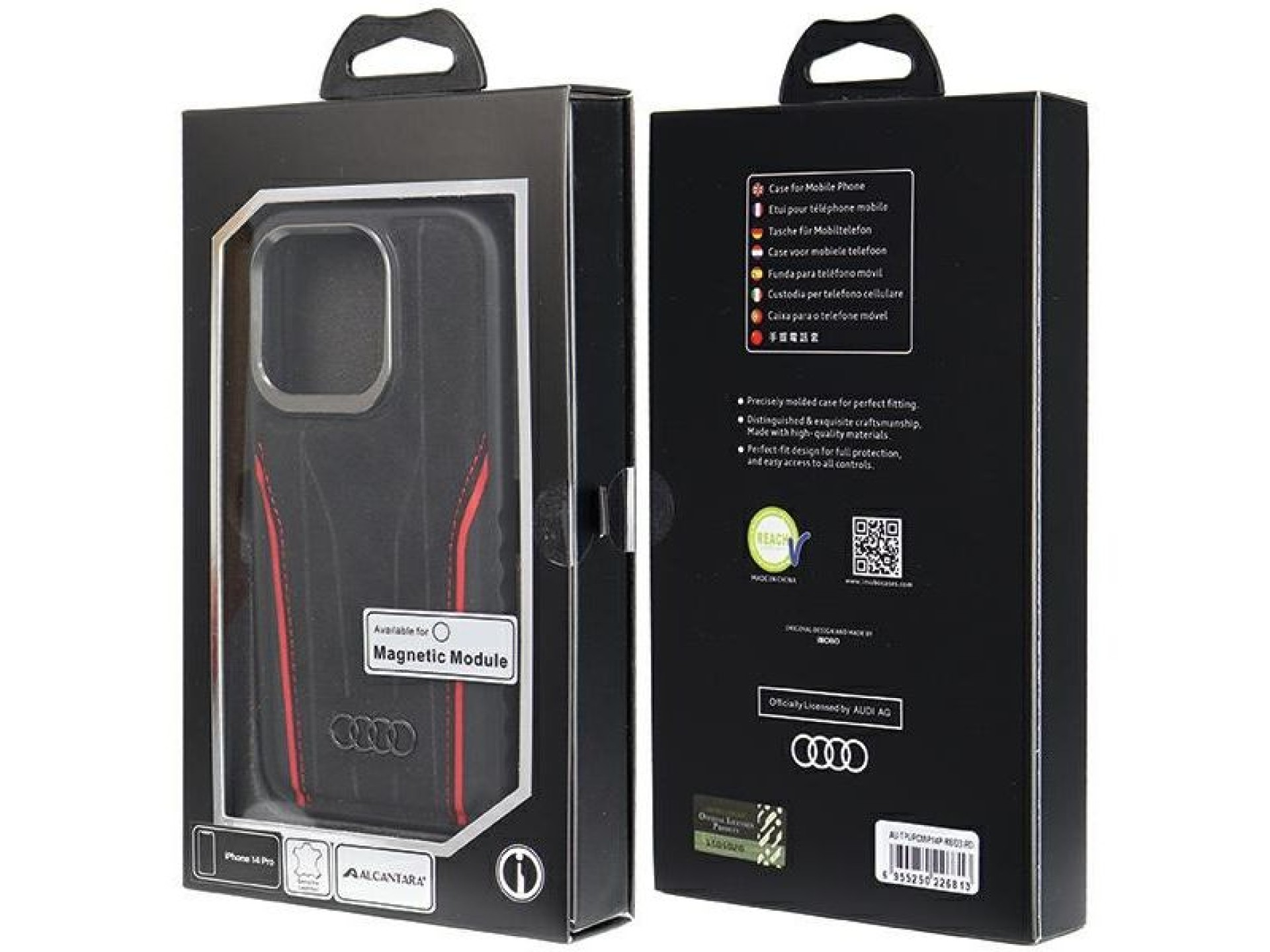 Capa Audi em couro genuíno com MagSafe para iPhone 14 Pro - preta e vermelha