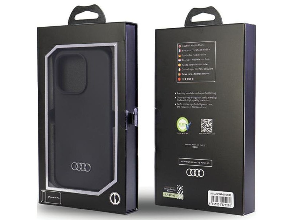 Funda de silicona Audi para iPhone 14 Pro de 6,1" negra/funda rígida negra AU-LSRIP14P-Q3/D1-BK