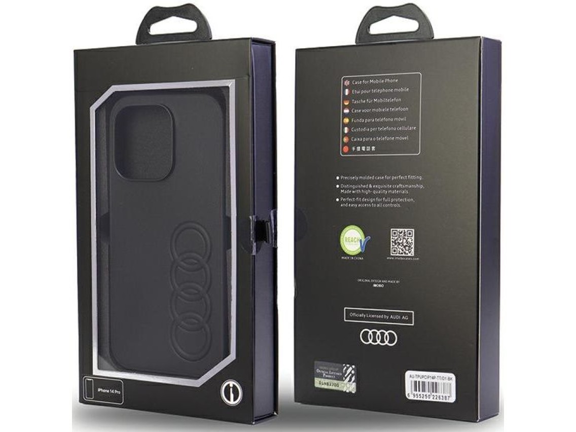 Capa rígida Audi em couro sintético para iPhone 14 Pro 6.1" preta/preta AU-TPUPPCIP14P-TT/D1-BK