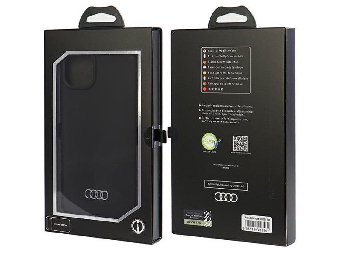 Funda de silicona Audi para iPhone 15 Plus - negra