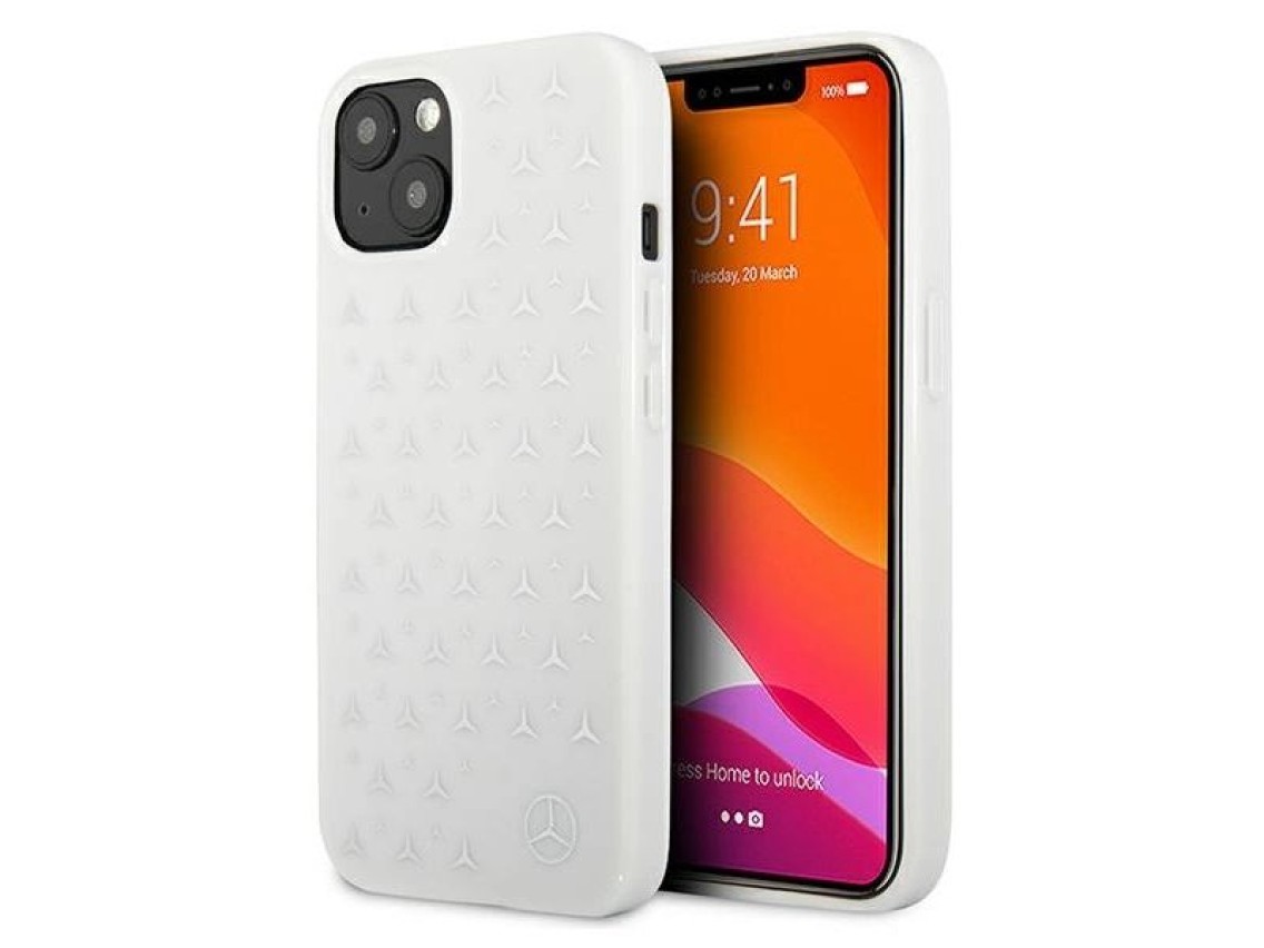 Capa Mercedes com estampa de estrelas prateadas para iPhone 13 mini - Branca