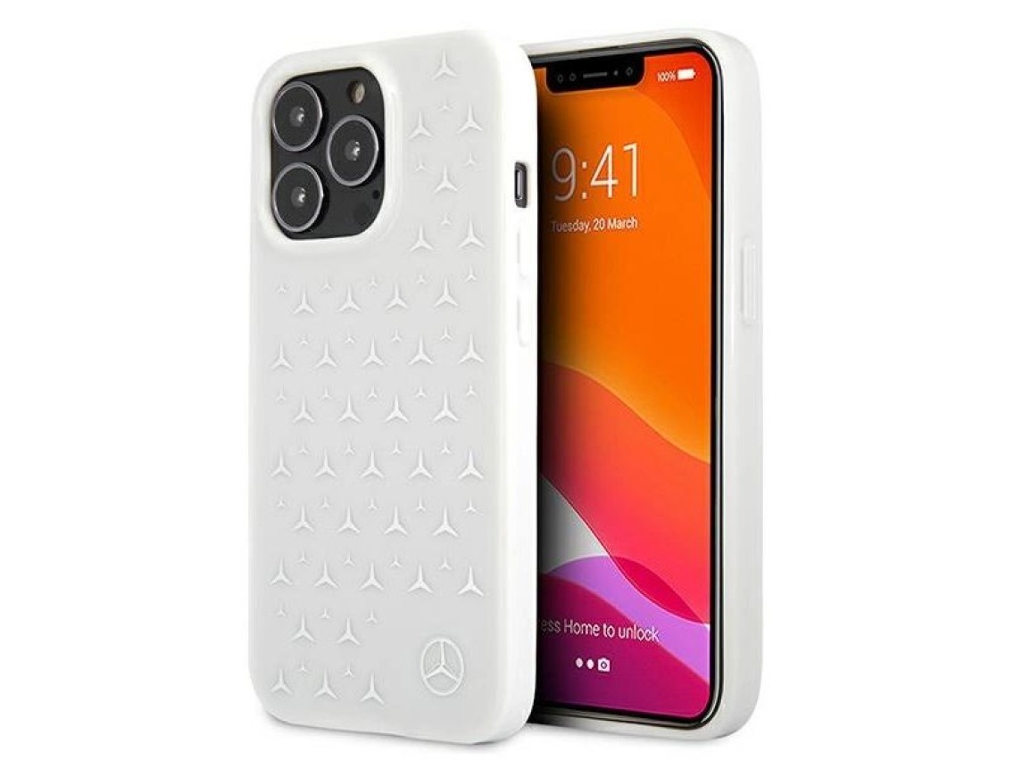 Funda Mercedes con estampado de estrellas plateadas para iPhone 13 Pro / iPhone 13 - Blanca